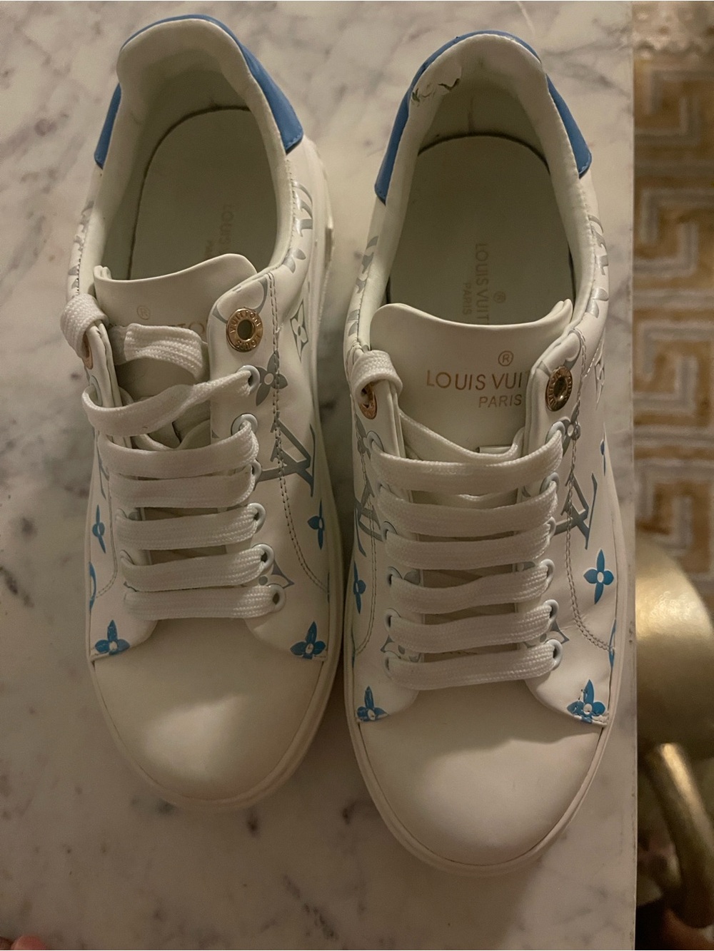 Louis Vuitton White Leather Sneakers with Blue Monogram Accents